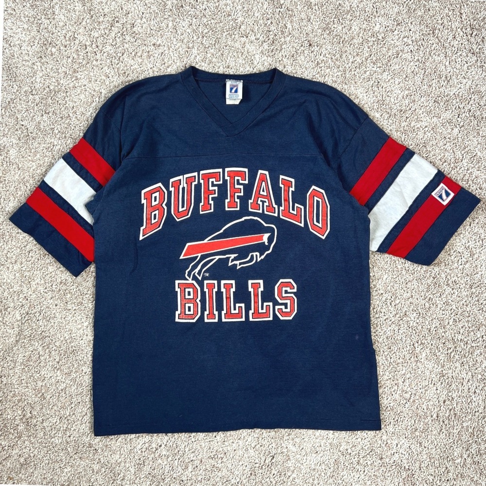 Vintage 90s Logo 7 Buffalo Bills T-Shirt Mens Large Navy NFL Striped Sleeve USA